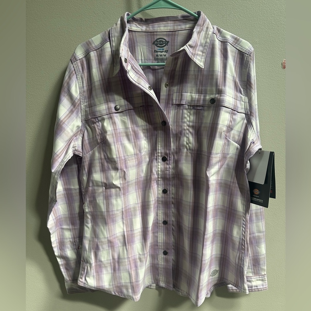 NEW Dickies Cooling Roll-Tab Work Shirt in Purple‎ Rose Hillside Plaid Women’s M - Picture 4 of 12